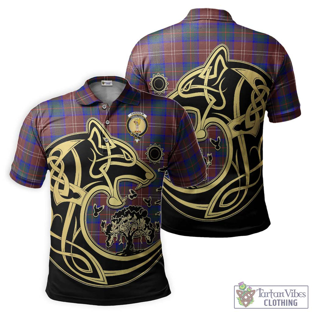 Chisholm Hunting Modern Tartan Polo Shirt with Family Crest Celtic Wolf Style Kid - Tartanvibesclothing Shop