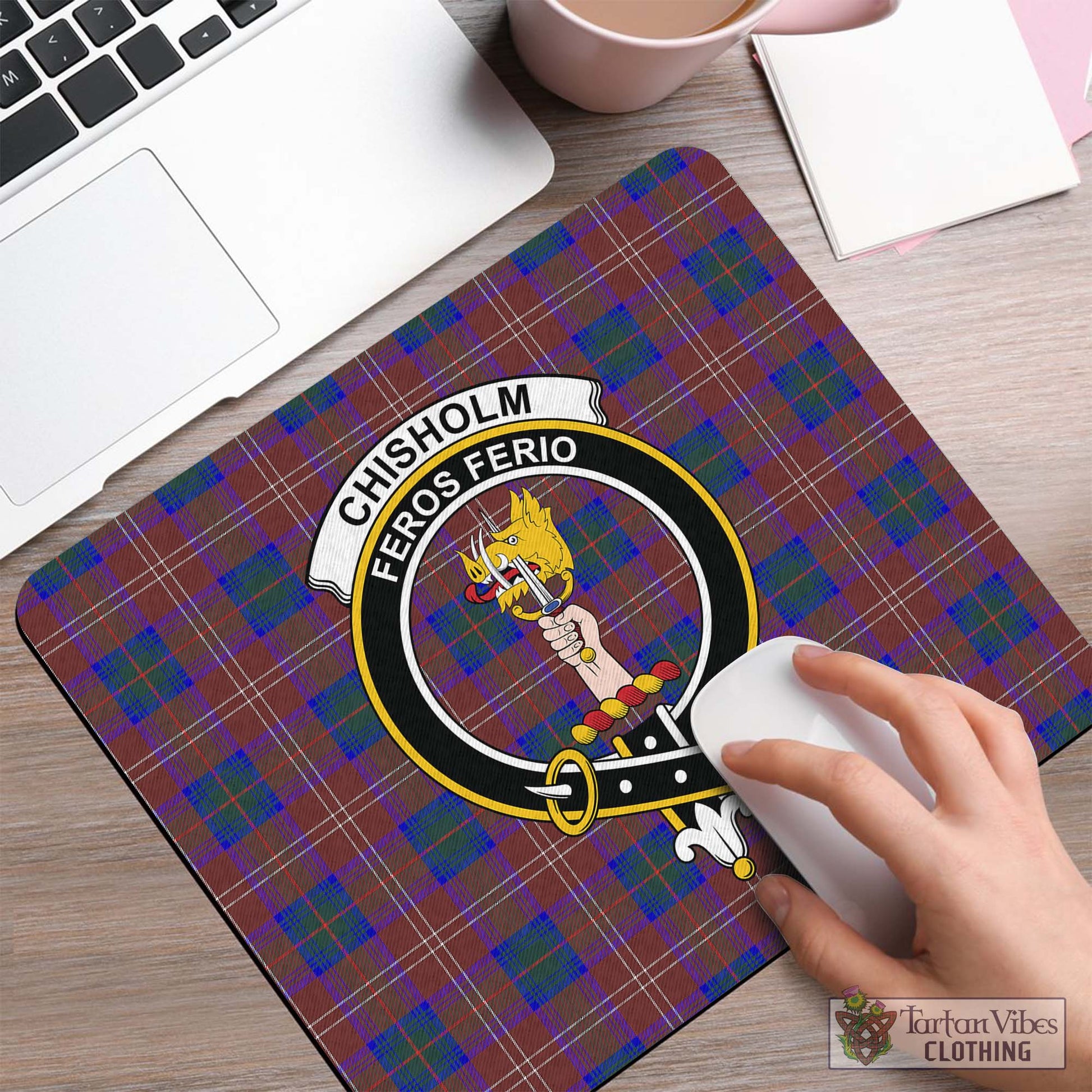 Tartan Vibes Clothing Chisholm Hunting Modern Tartan Mouse Pad with Family Crest