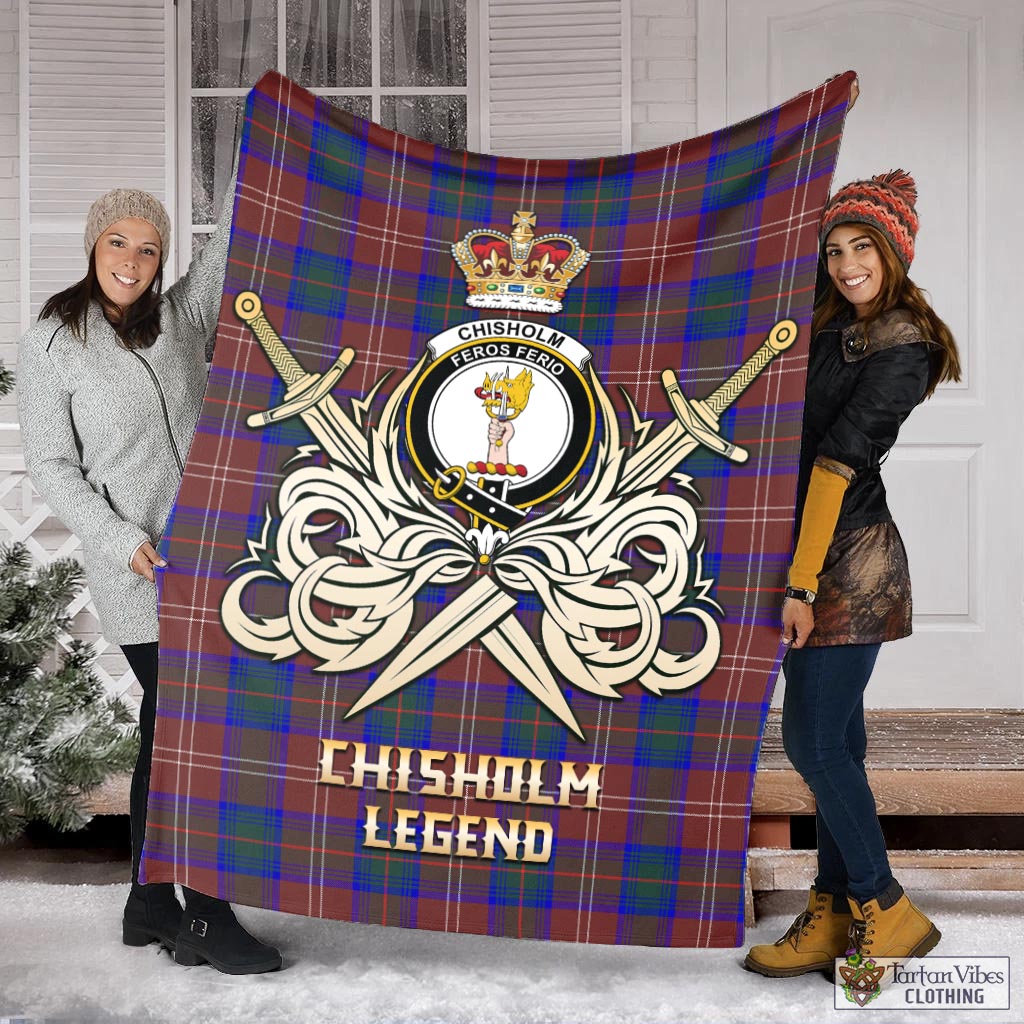 Tartan Vibes Clothing Chisholm Hunting Modern Tartan Blanket with Clan Crest and the Golden Sword of Courageous Legacy