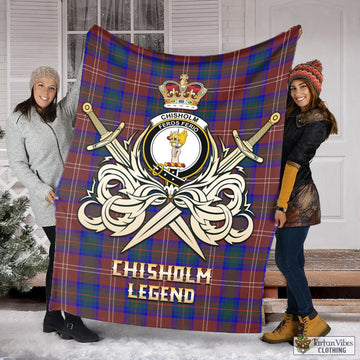 Chisholm Hunting Modern Tartan Blanket with Clan Crest and the Golden Sword of Courageous Legacy