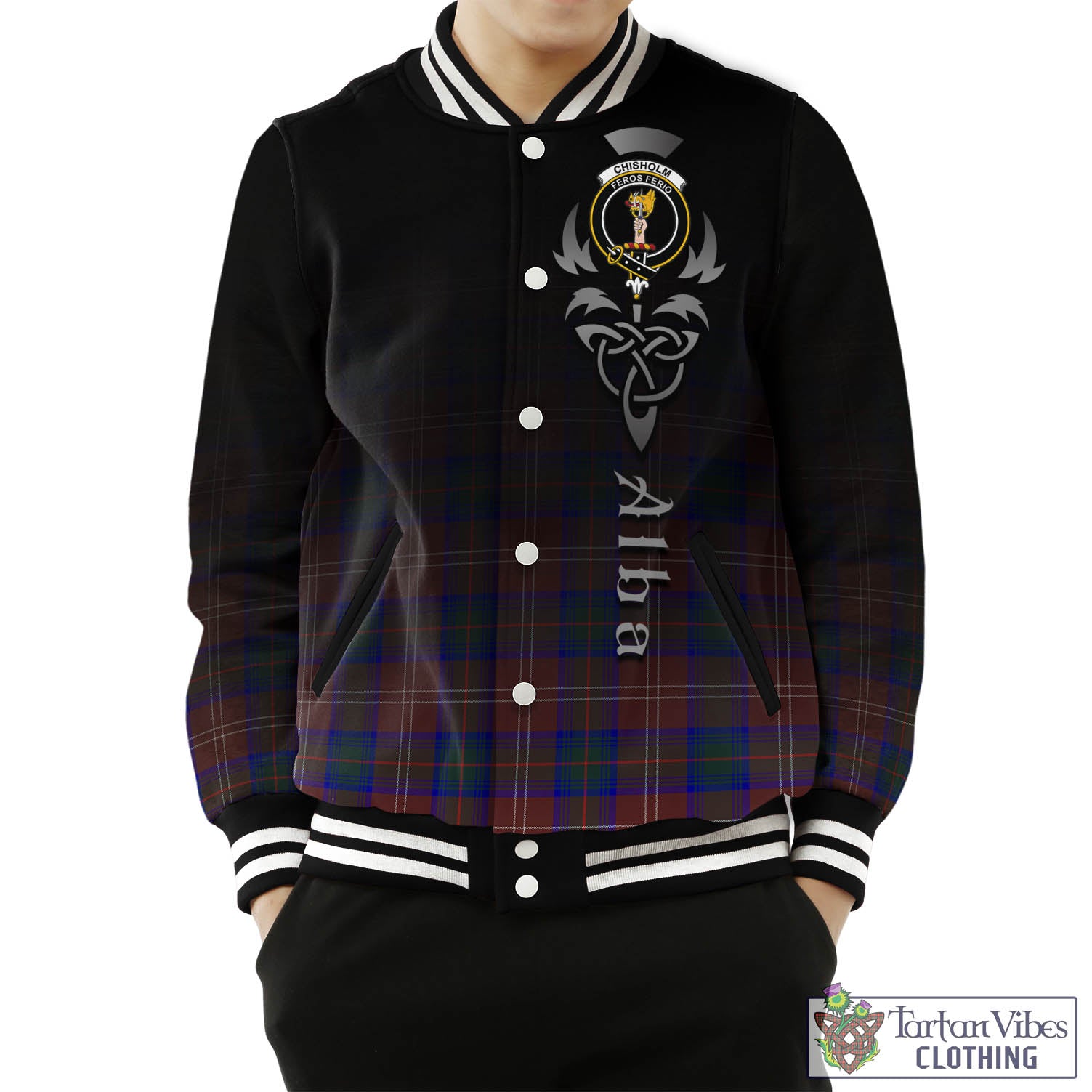 Tartan Vibes Clothing Chisholm Hunting Modern Tartan Baseball Jacket Featuring Alba Gu Brath Family Crest Celtic Inspired