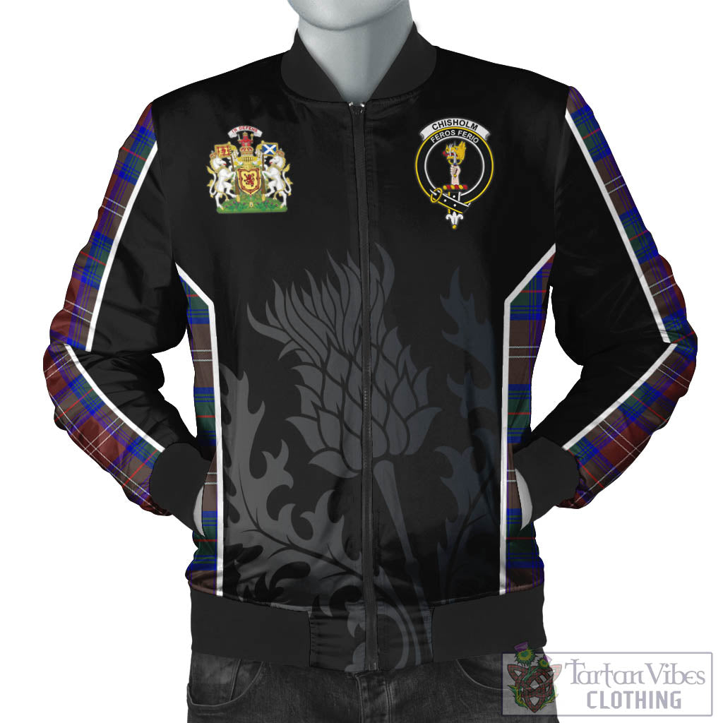 Tartan Vibes Clothing Chisholm Hunting Modern Tartan Bomber Jacket with Family Crest and Scottish Thistle Vibes Sport Style