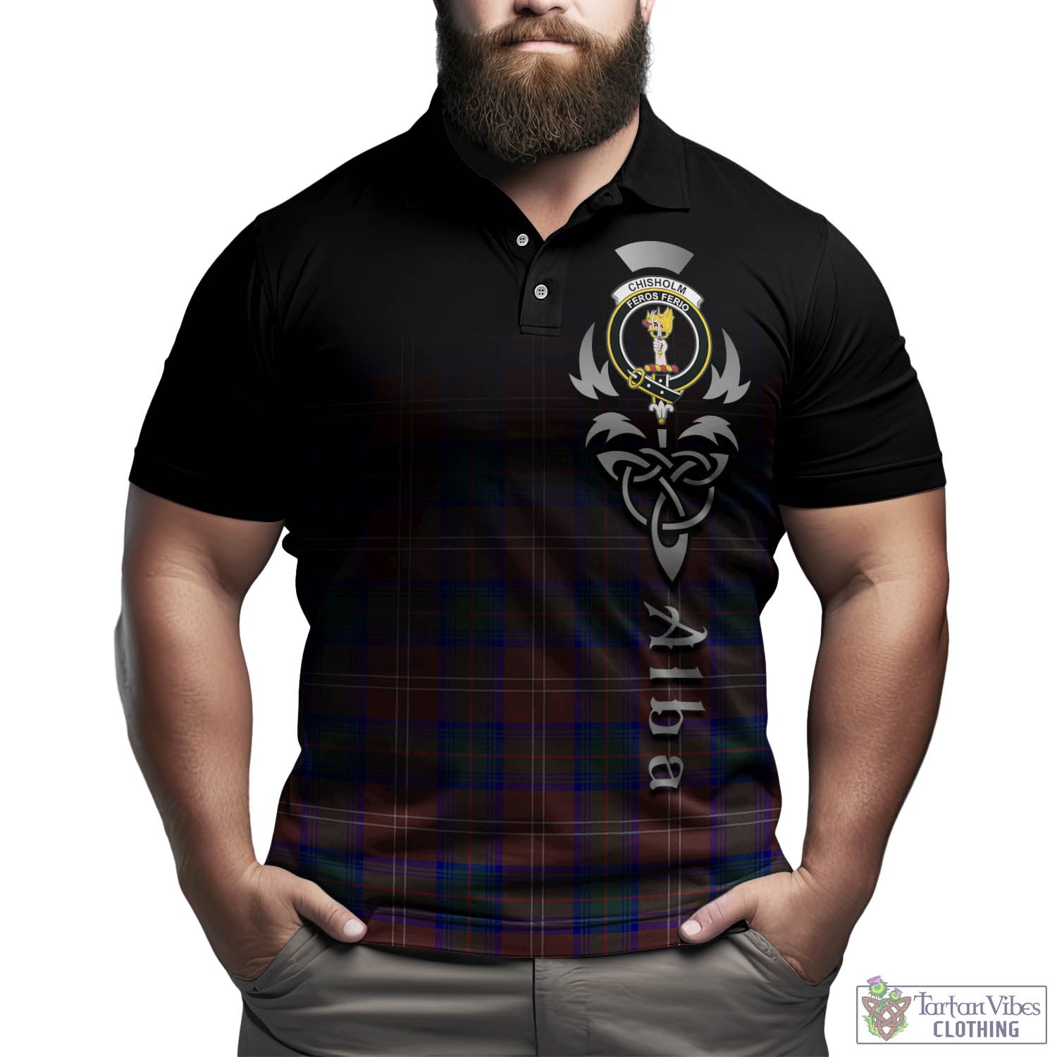 Tartan Vibes Clothing Chisholm Hunting Modern Tartan Polo Shirt Featuring Alba Gu Brath Family Crest Celtic Inspired