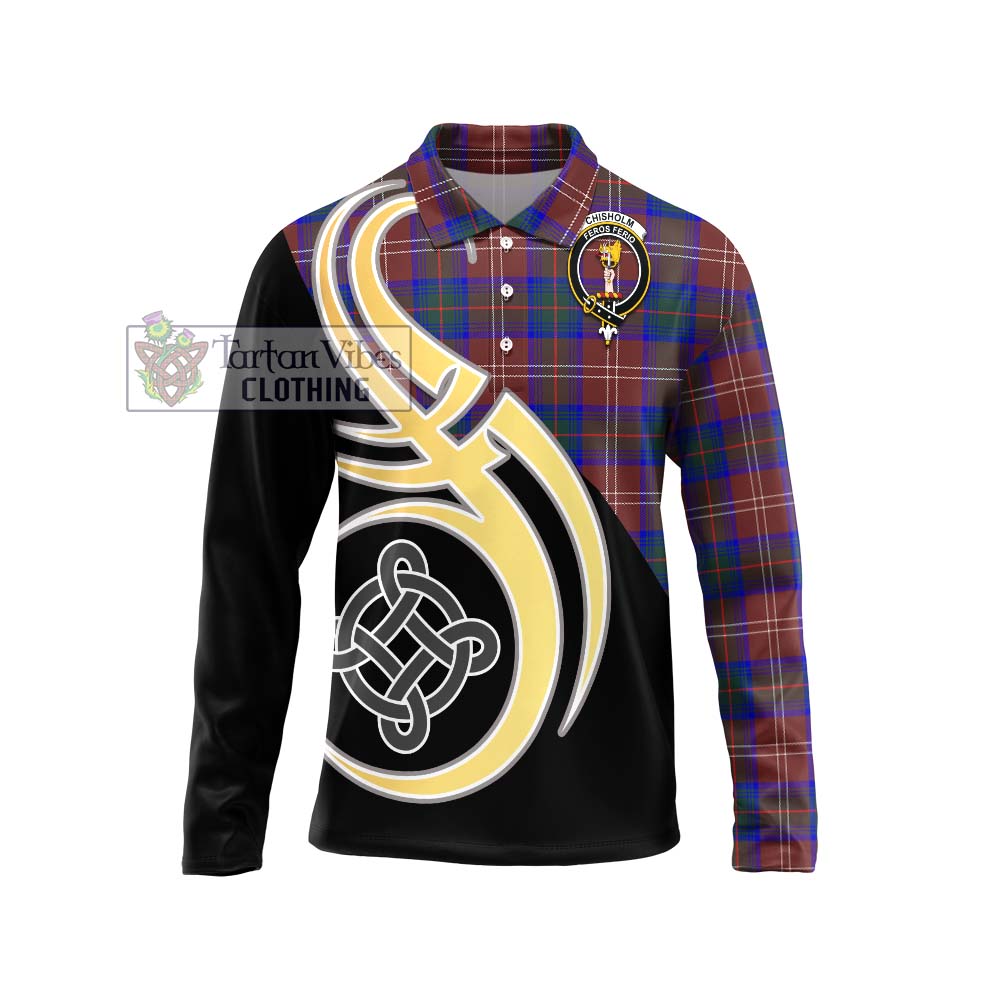 Chisholm Hunting Modern Tartan Long Sleeve Polo Shirt with Family Crest and Celtic Symbol Style Unisex - Tartan Vibes Clothing