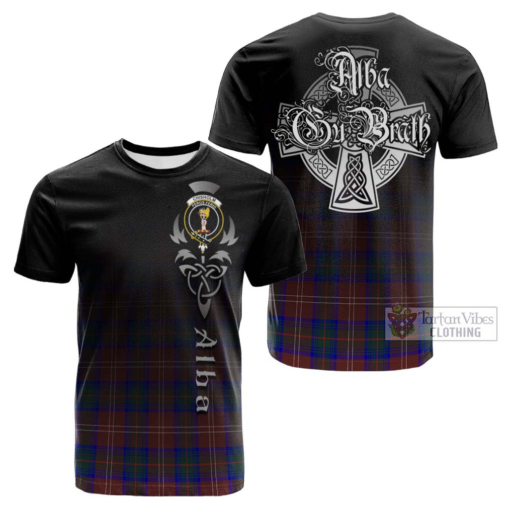 Tartan Vibes Clothing Chisholm Hunting Modern Tartan Cotton T-shirt Featuring Alba Gu Brath Family Crest Celtic Inspired