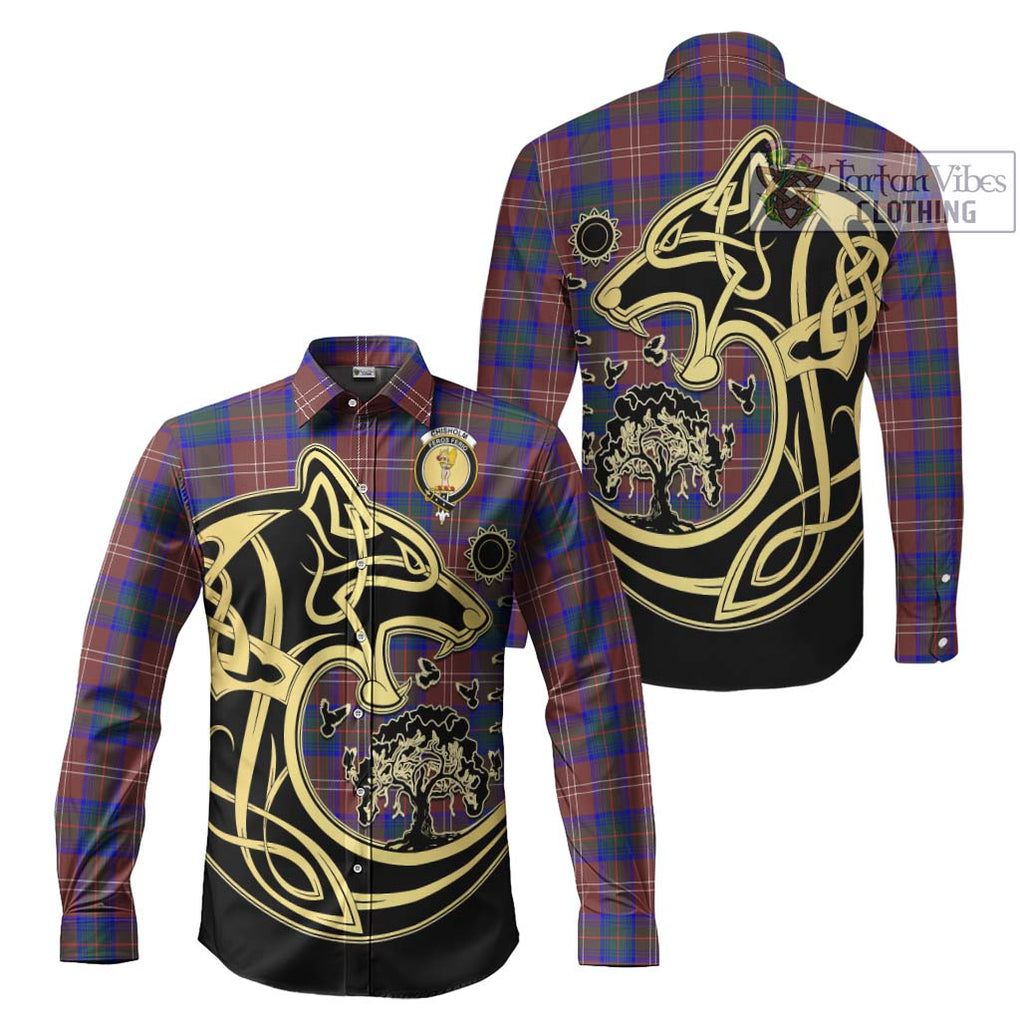 Chisholm Hunting Modern Tartan Long Sleeve Button Shirt with Family Crest Celtic Wolf Style Men's Shirt S - Tartan Vibes Clothing