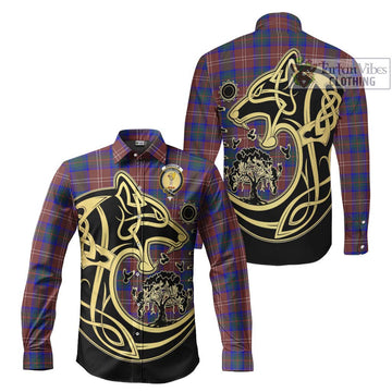 Chisholm Hunting Modern Tartan Long Sleeve Button Shirt with Family Crest Celtic Wolf Style