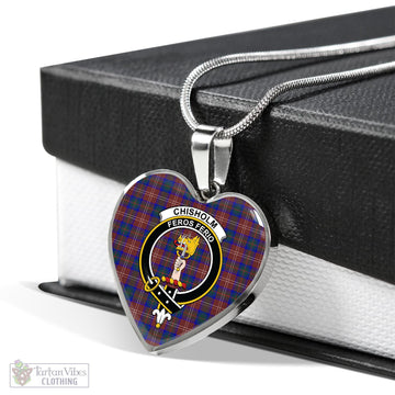 Chisholm Hunting Modern Tartan Heart Necklace with Family Crest