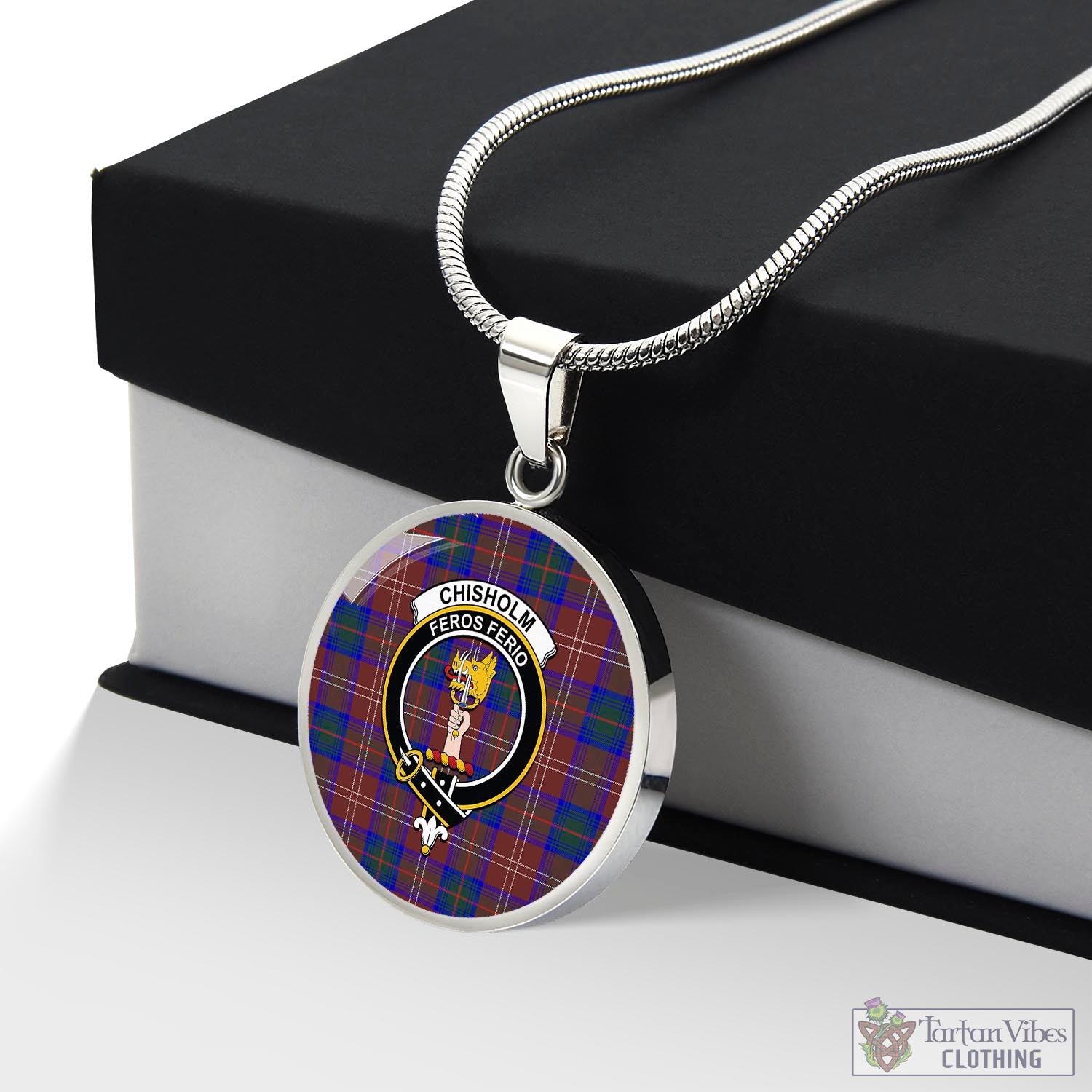 Tartan Vibes Clothing Chisholm Hunting Modern Tartan Circle Necklace with Family Crest