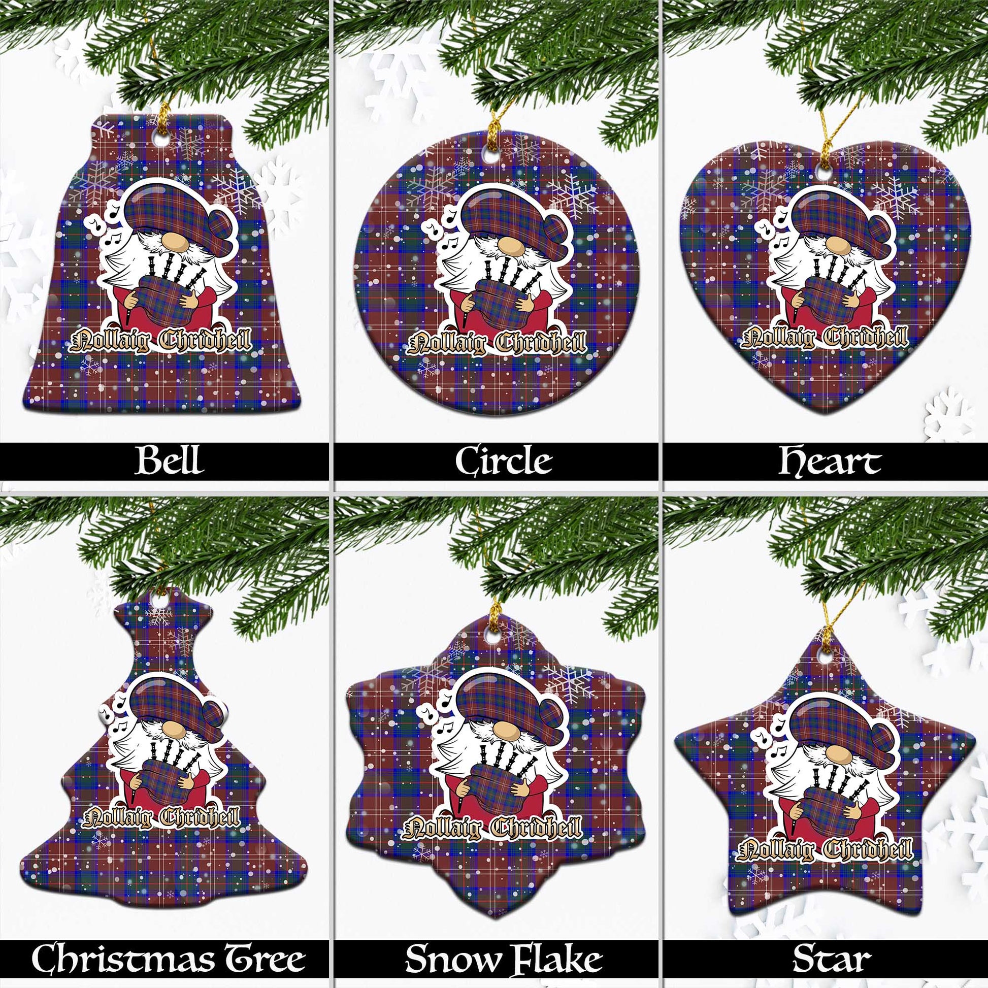 Chisholm Hunting Modern Tartan Christmas Ornaments with Scottish Gnome Playing Bagpipes Ceramic - Tartanvibesclothing