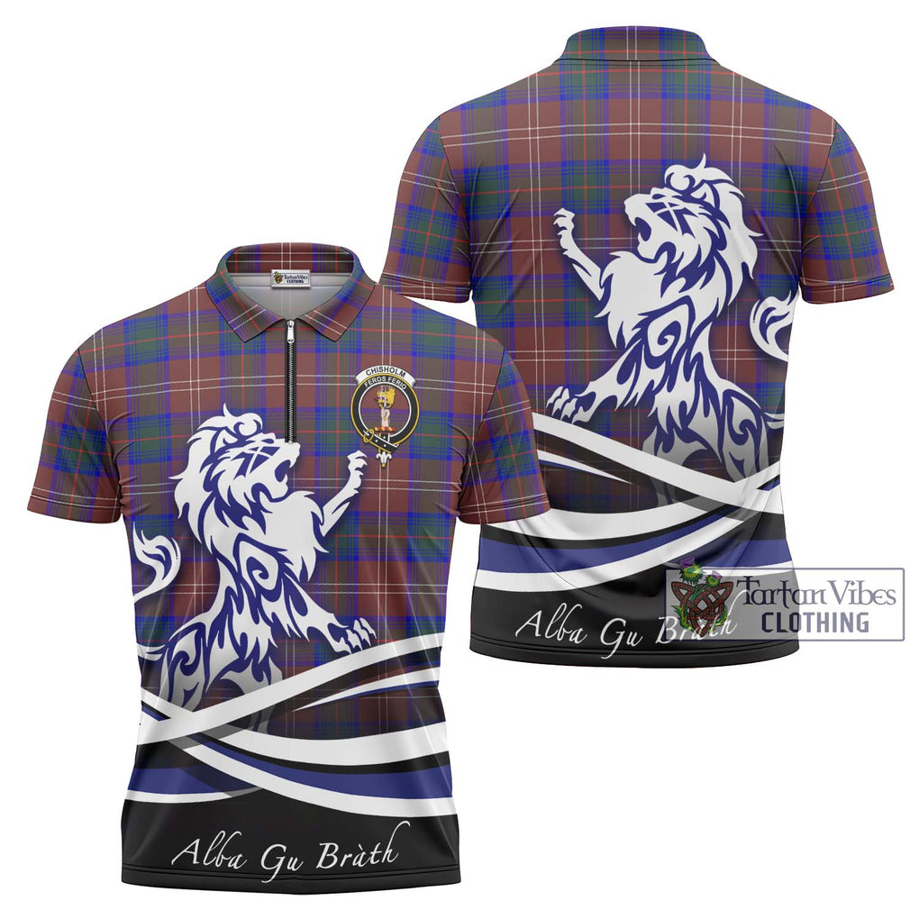 Chisholm Hunting Modern Tartan Zipper Polo Shirt with Alba Gu Brath Regal Lion Emblem Unisex - Tartanvibesclothing Shop