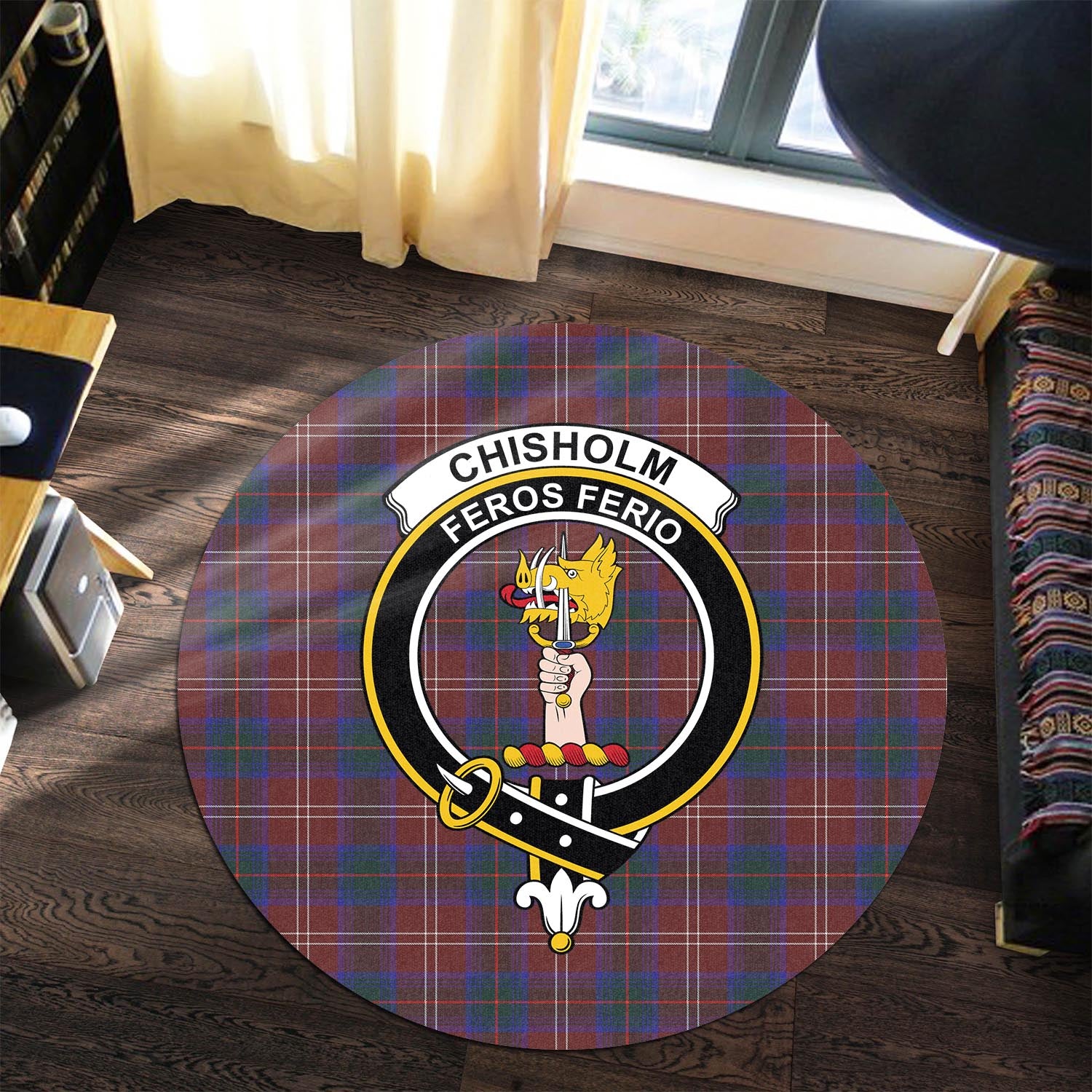 Chisholm Hunting Modern Tartan Round Rug with Family Crest - Tartanvibesclothing