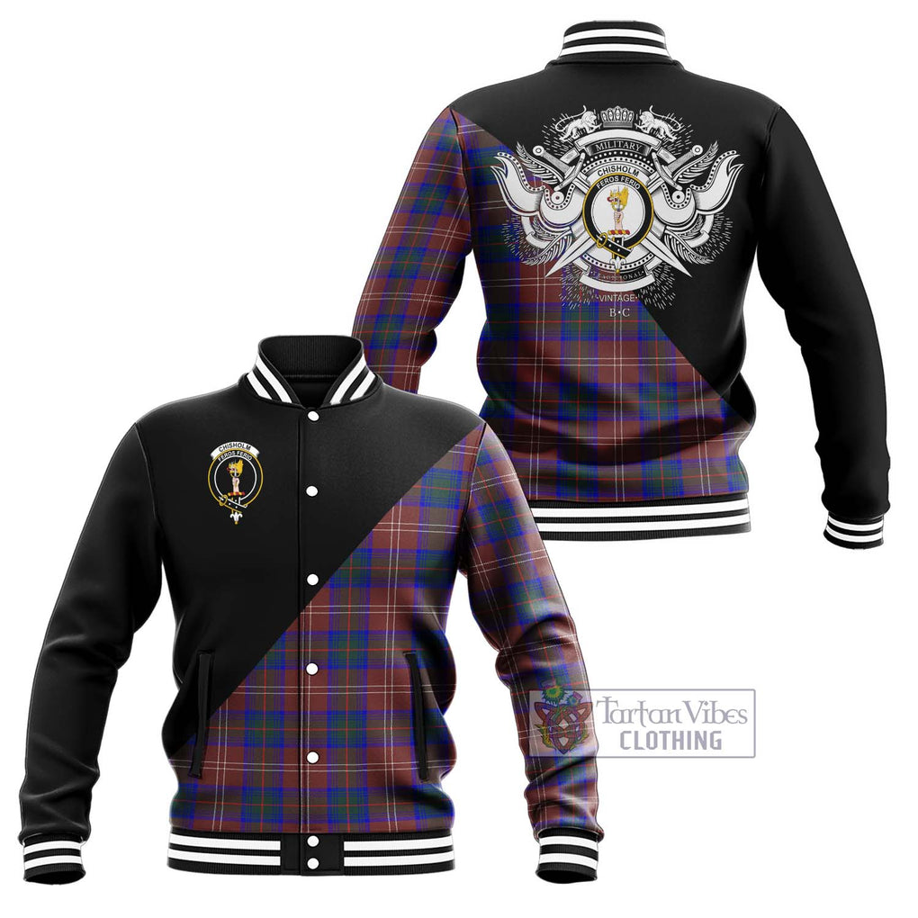 Chisholm Hunting Modern Tartan Baseball Jacket with Family Crest and Military Logo Style Unisex - Tartanvibesclothing Shop