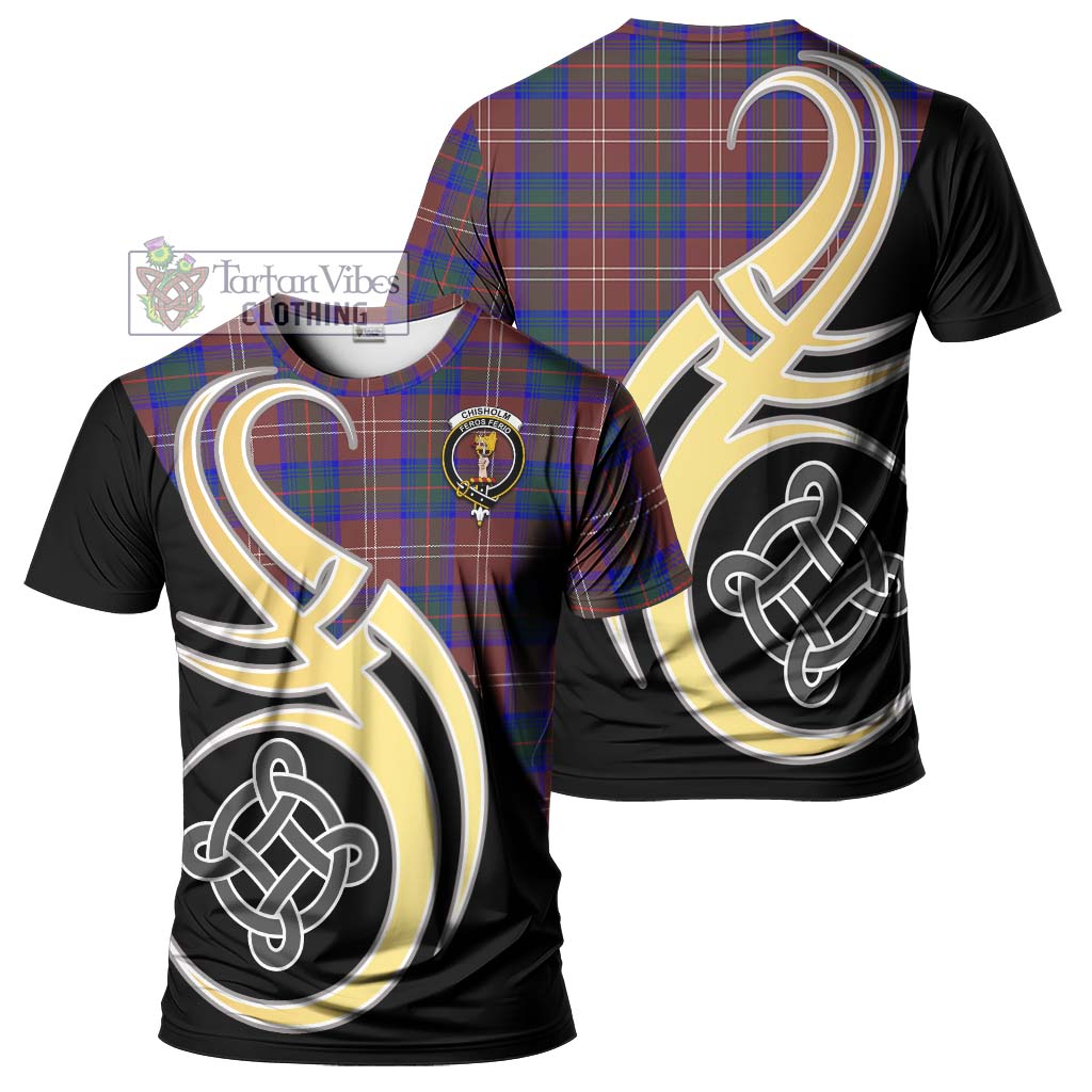 Tartan Vibes Clothing Chisholm Hunting Modern Tartan T-Shirt with Family Crest and Celtic Symbol Style