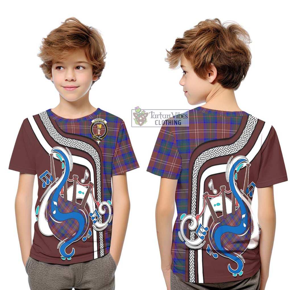 Tartan Vibes Clothing Chisholm Hunting Modern Tartan Kid T-Shirt with Epic Bagpipe Style