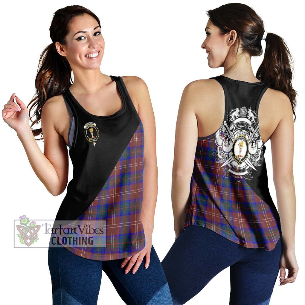 Chisholm Hunting Modern Tartan Women's Racerback Tanks with Family Crest and Military Logo Style 4XL - Tartanvibesclothing Shop