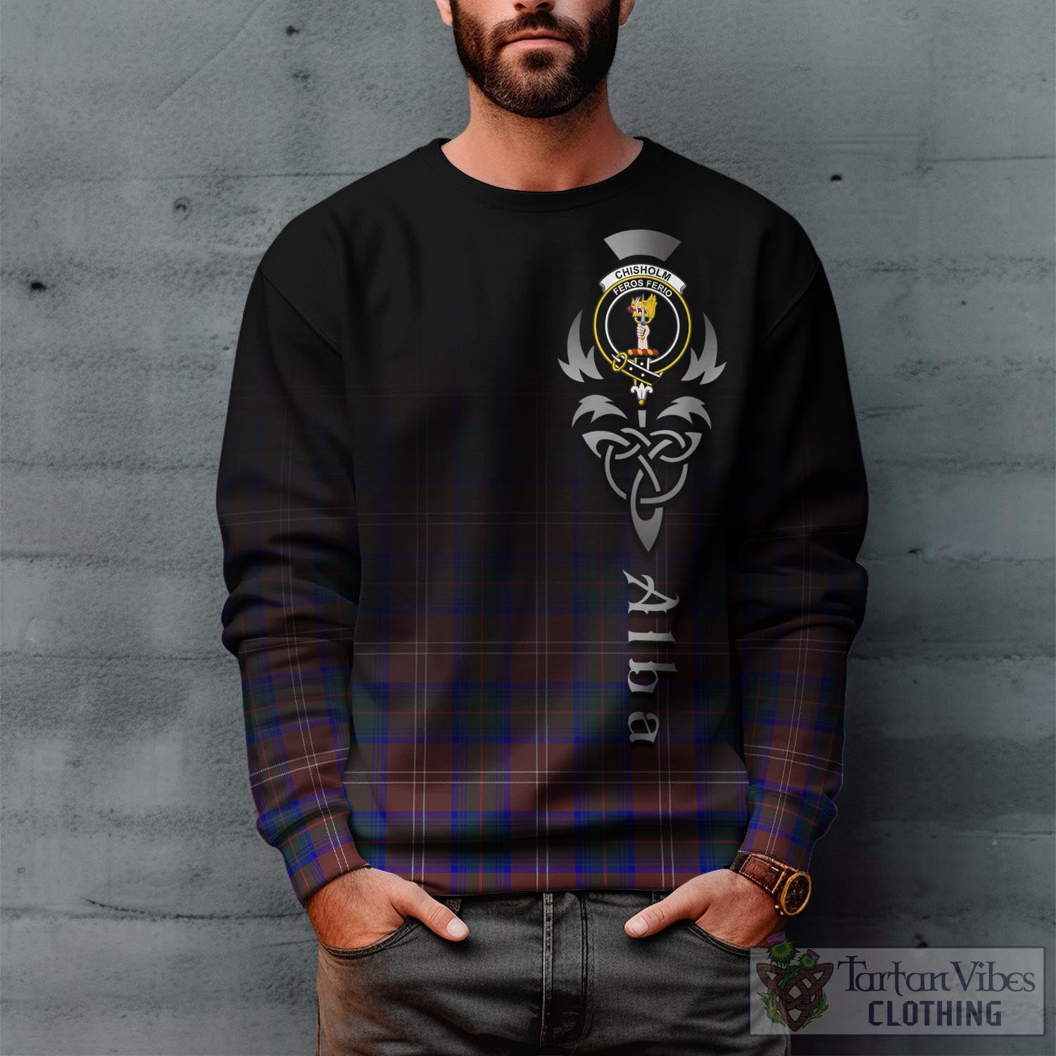 Tartan Vibes Clothing Chisholm Hunting Modern Tartan Sweatshirt Featuring Alba Gu Brath Family Crest Celtic Inspired