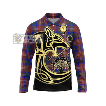 Chisholm Hunting Modern Tartan Long Sleeve Polo Shirt with Family Crest Celtic Wolf Style