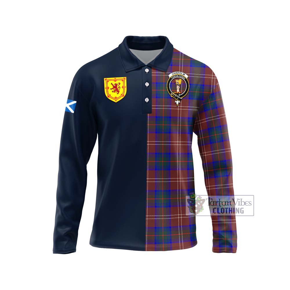 Tartan Vibes Clothing Chisholm Hunting Modern Tartan Long Sleeve Polo Shirt with Scottish Lion Royal Arm Half Style