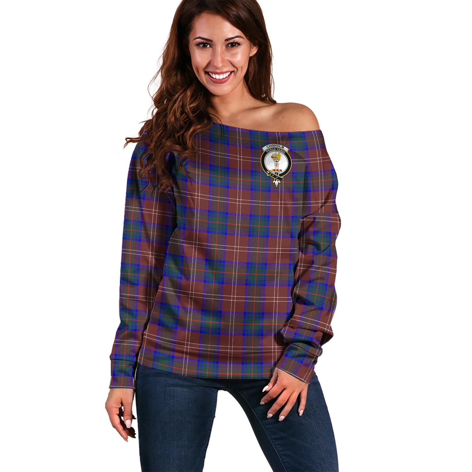 Chisholm Hunting Modern Tartan Off Shoulder Women Sweater with Family Crest Women - Tartanvibesclothing