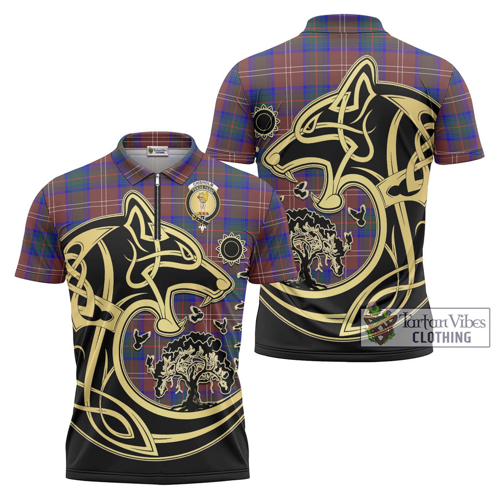 Chisholm Hunting Modern Tartan Zipper Polo Shirt with Family Crest Celtic Wolf Style Unisex - Tartanvibesclothing Shop