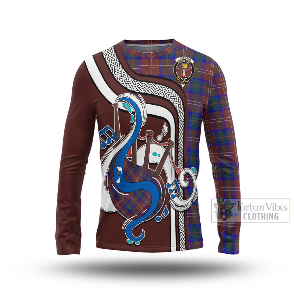 Tartan Vibes Clothing Chisholm Hunting Modern Tartan Long Sleeve T-Shirt with Epic Bagpipe Style