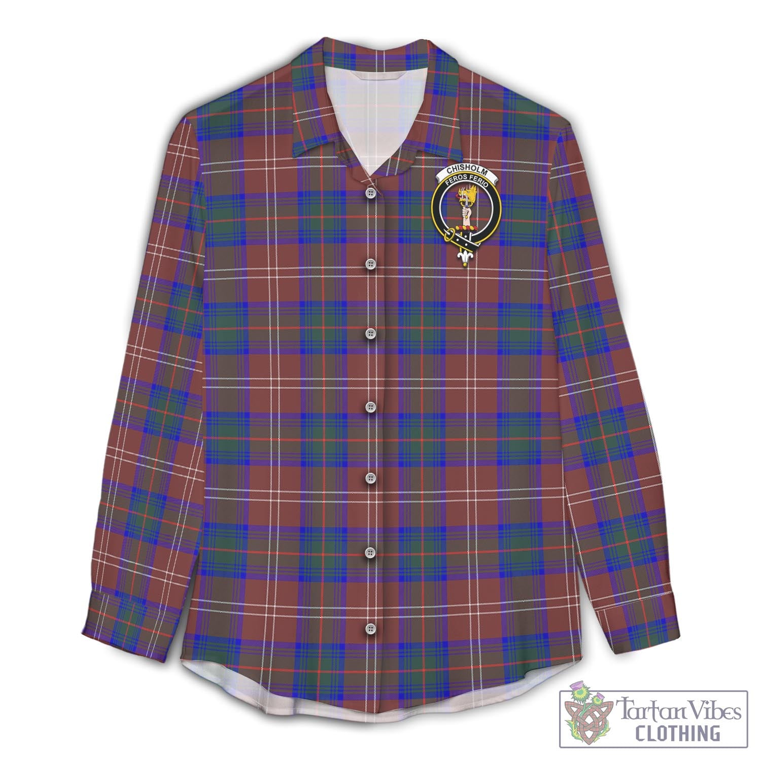 Tartan Vibes Clothing Chisholm Hunting Modern Tartan Womens Casual Shirt with Family Crest