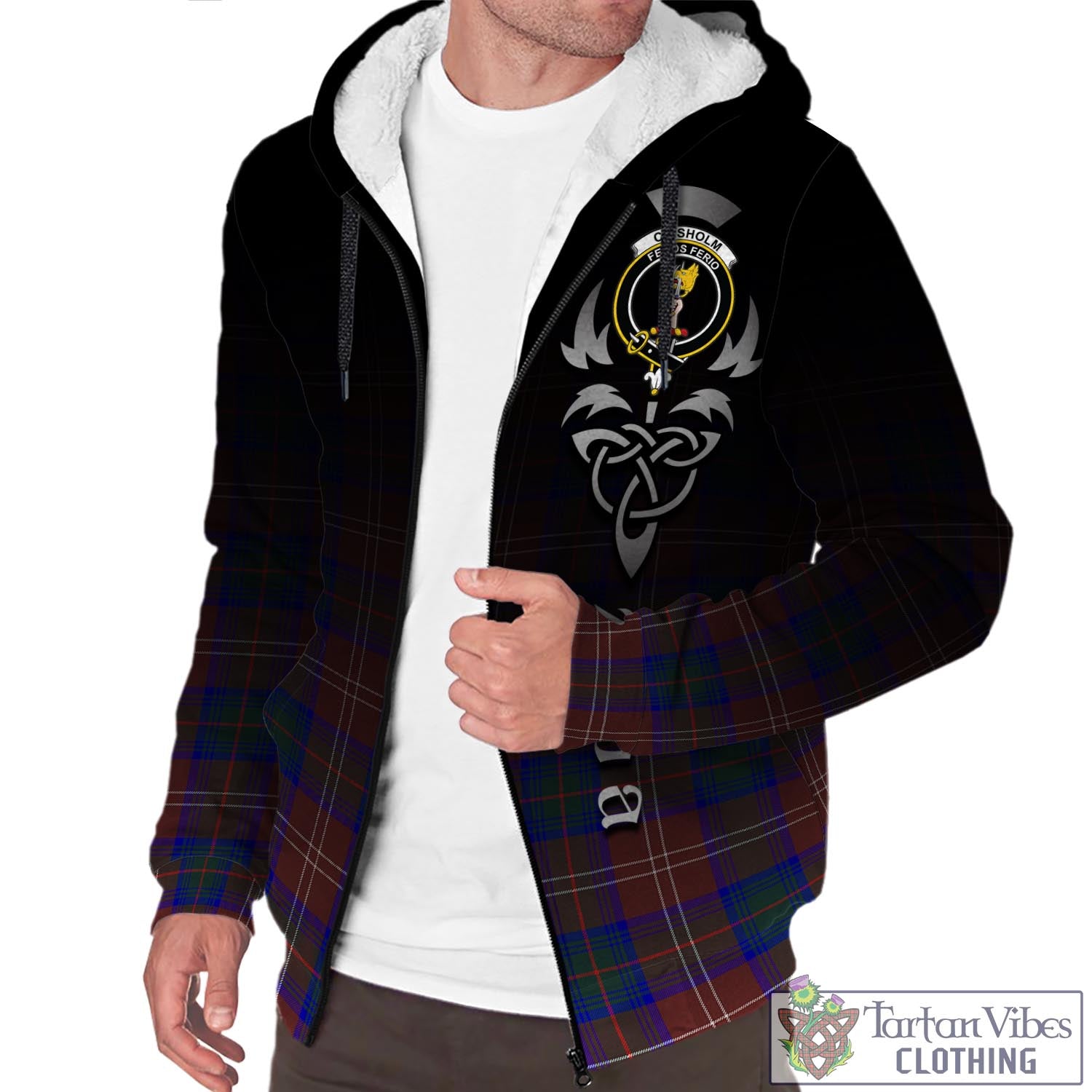 Tartan Vibes Clothing Chisholm Hunting Modern Tartan Sherpa Hoodie Featuring Alba Gu Brath Family Crest Celtic Inspired