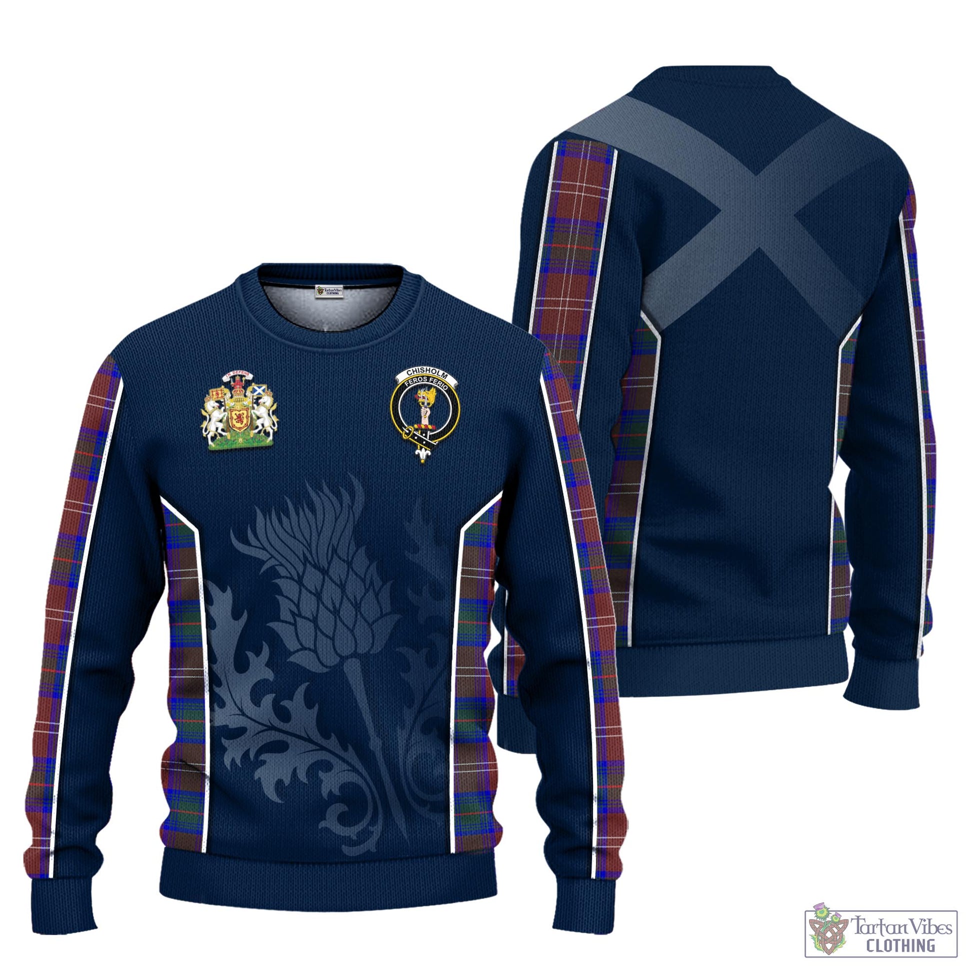 Tartan Vibes Clothing Chisholm Hunting Modern Tartan Knitted Sweatshirt with Family Crest and Scottish Thistle Vibes Sport Style