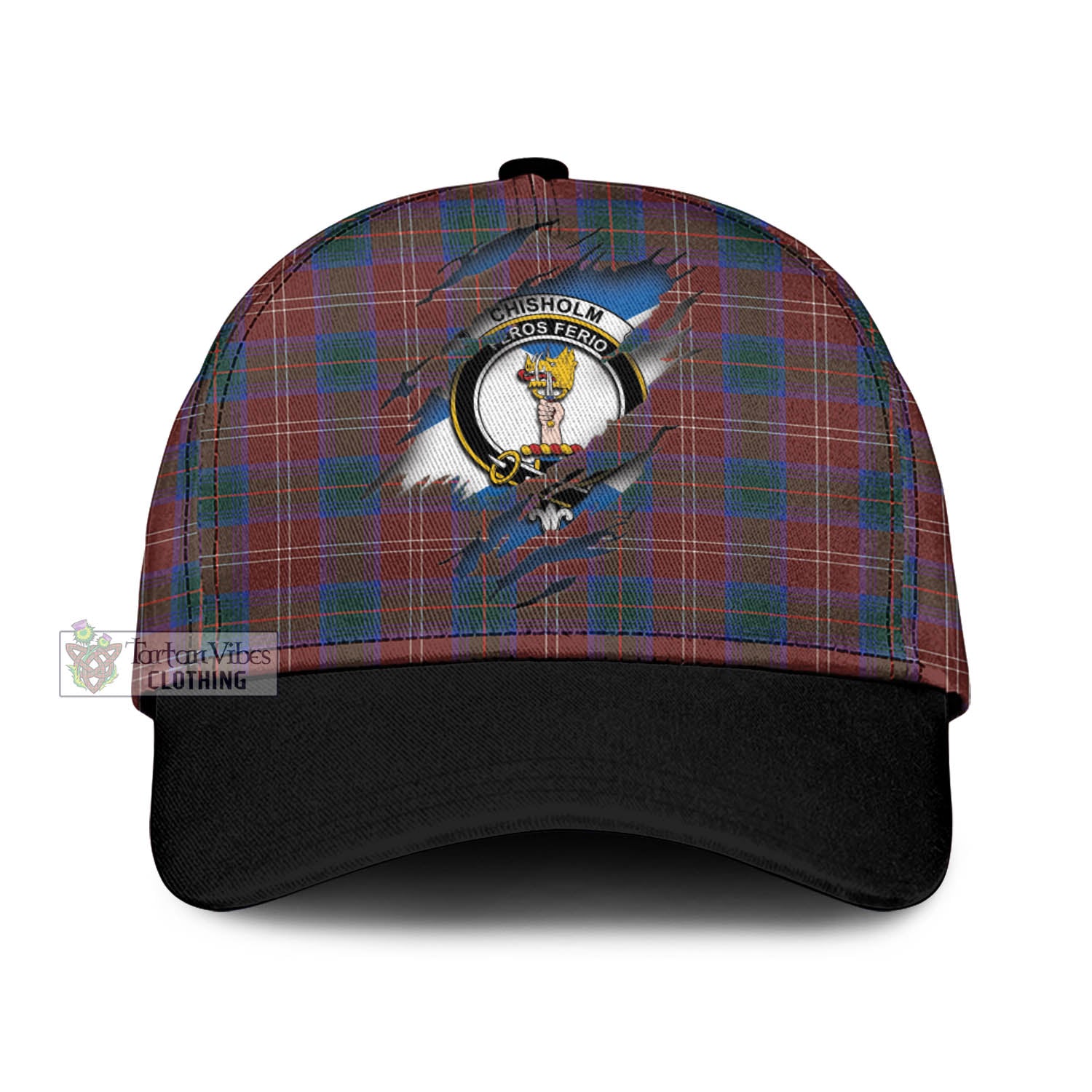 Tartan Vibes Clothing Chisholm Hunting Modern Tartan Classic Cap with Family Crest In Me Style