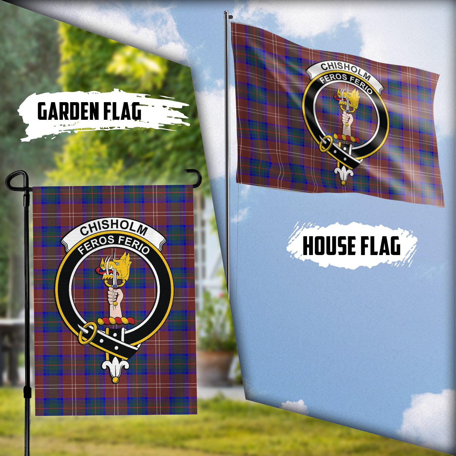 Chisholm Hunting Modern Tartan Flag with Family Crest Garden Flag (Vertical) - Tartan Vibes Clothing