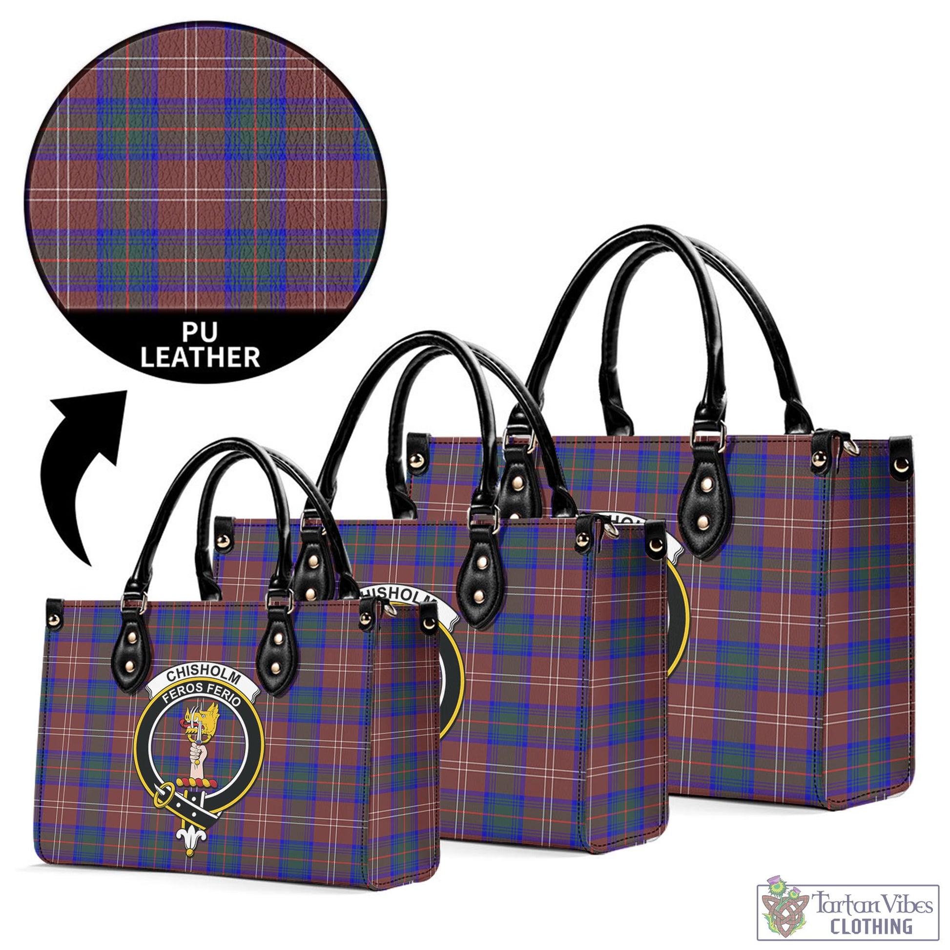 Tartan Vibes Clothing Chisholm Hunting Modern Tartan Luxury Leather Handbags with Family Crest