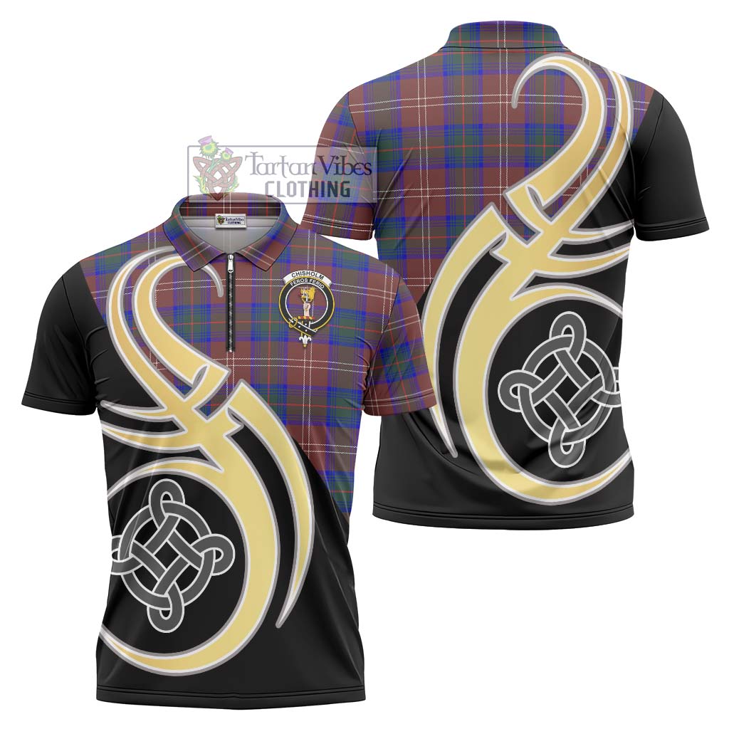 Tartan Vibes Clothing Chisholm Hunting Modern Tartan Zipper Polo Shirt with Family Crest and Celtic Symbol Style