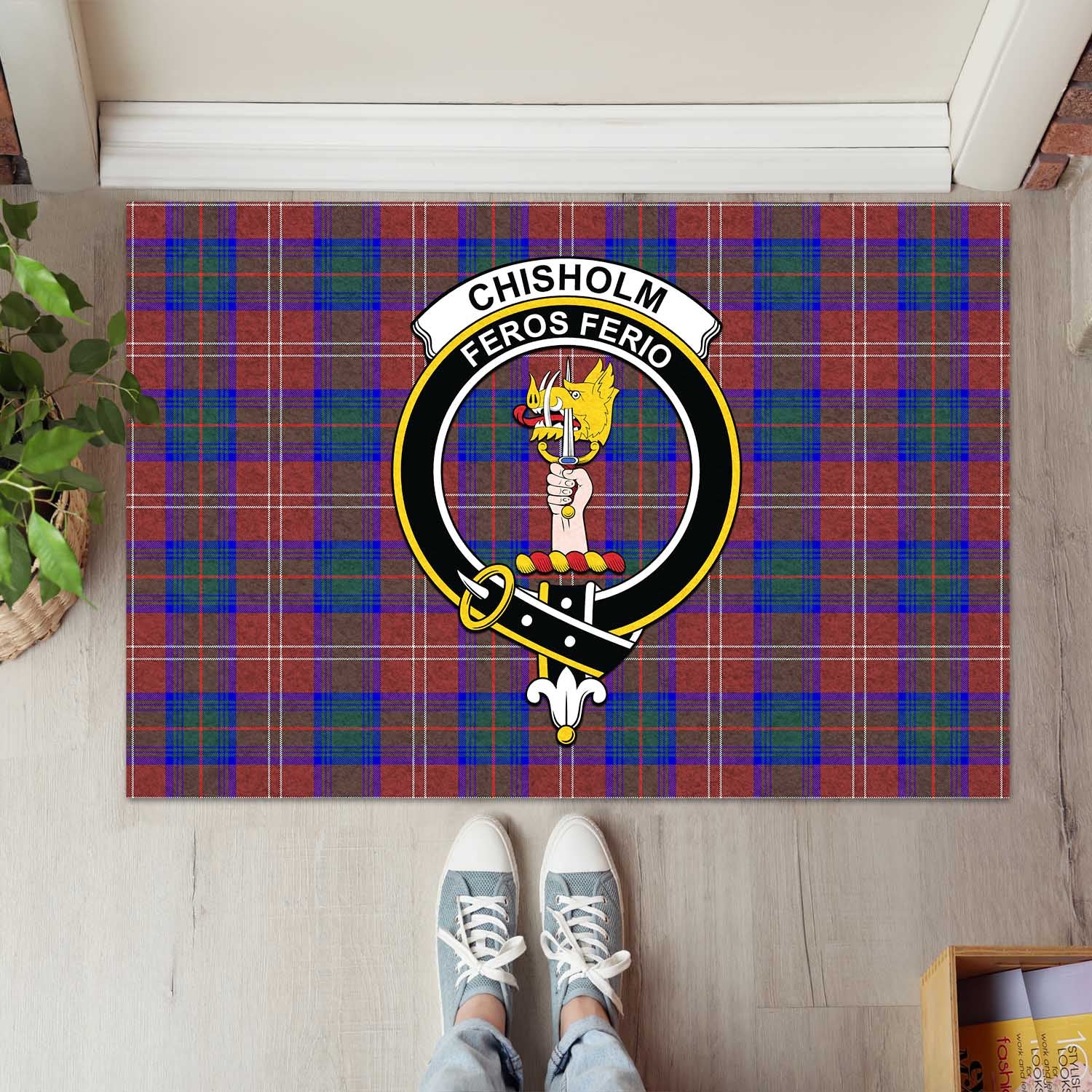 Chisholm Hunting Modern Tartan Door Mat with Family Crest - Tartanvibesclothing