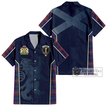 Chisholm Hunting Modern Tartan Short Sleeve Button Shirt with Family Crest and Lion Rampant Vibes Sport Style