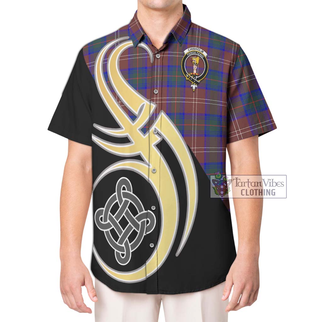 Chisholm Hunting Modern Tartan Short Sleeve Button Shirt with Family Crest and Celtic Symbol Style Kid - Tartan Vibes Clothing