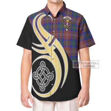 Chisholm Hunting Modern Tartan Short Sleeve Button Shirt with Family Crest and Celtic Symbol Style