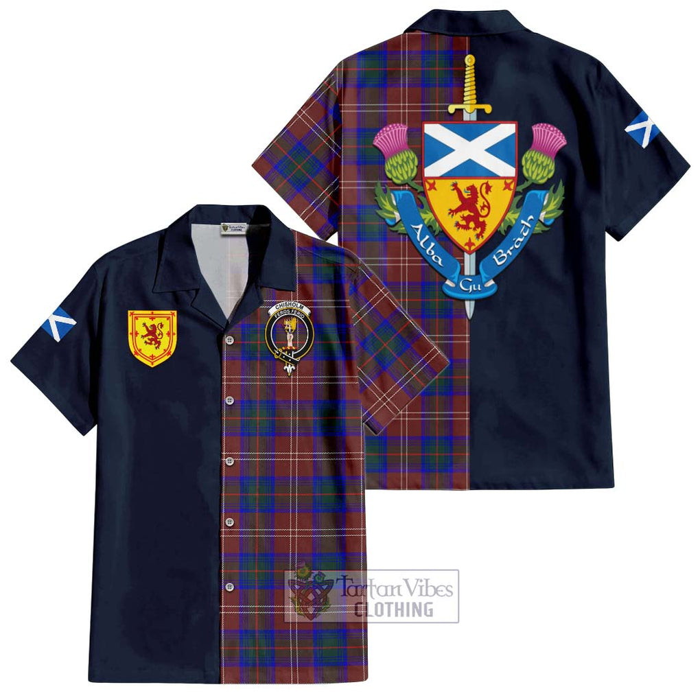 Tartan Vibes Clothing Chisholm Hunting Modern Tartan Short Sleeve Button Shirt with Scottish Lion Royal Arm Half Style