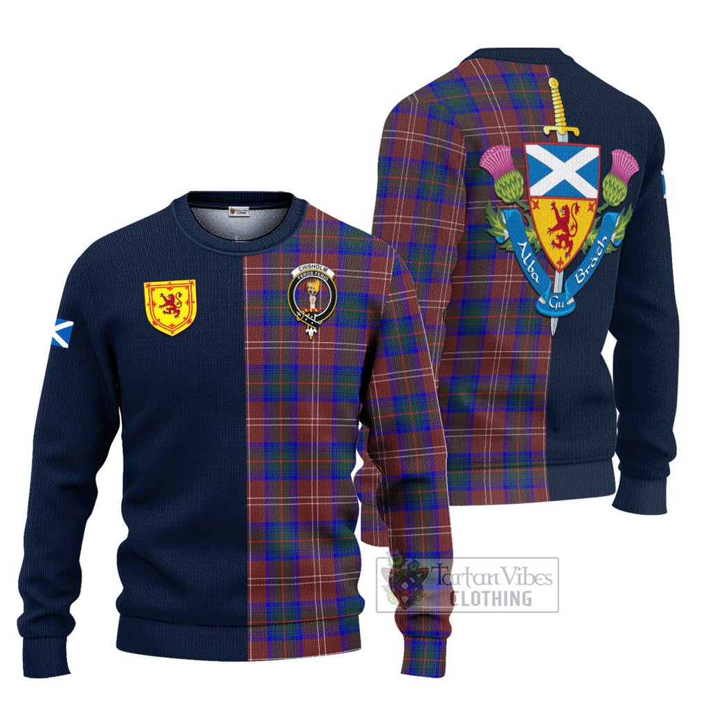 Tartan Vibes Clothing Chisholm Hunting Modern Tartan Knitted Sweater with Scottish Lion Royal Arm Half Style