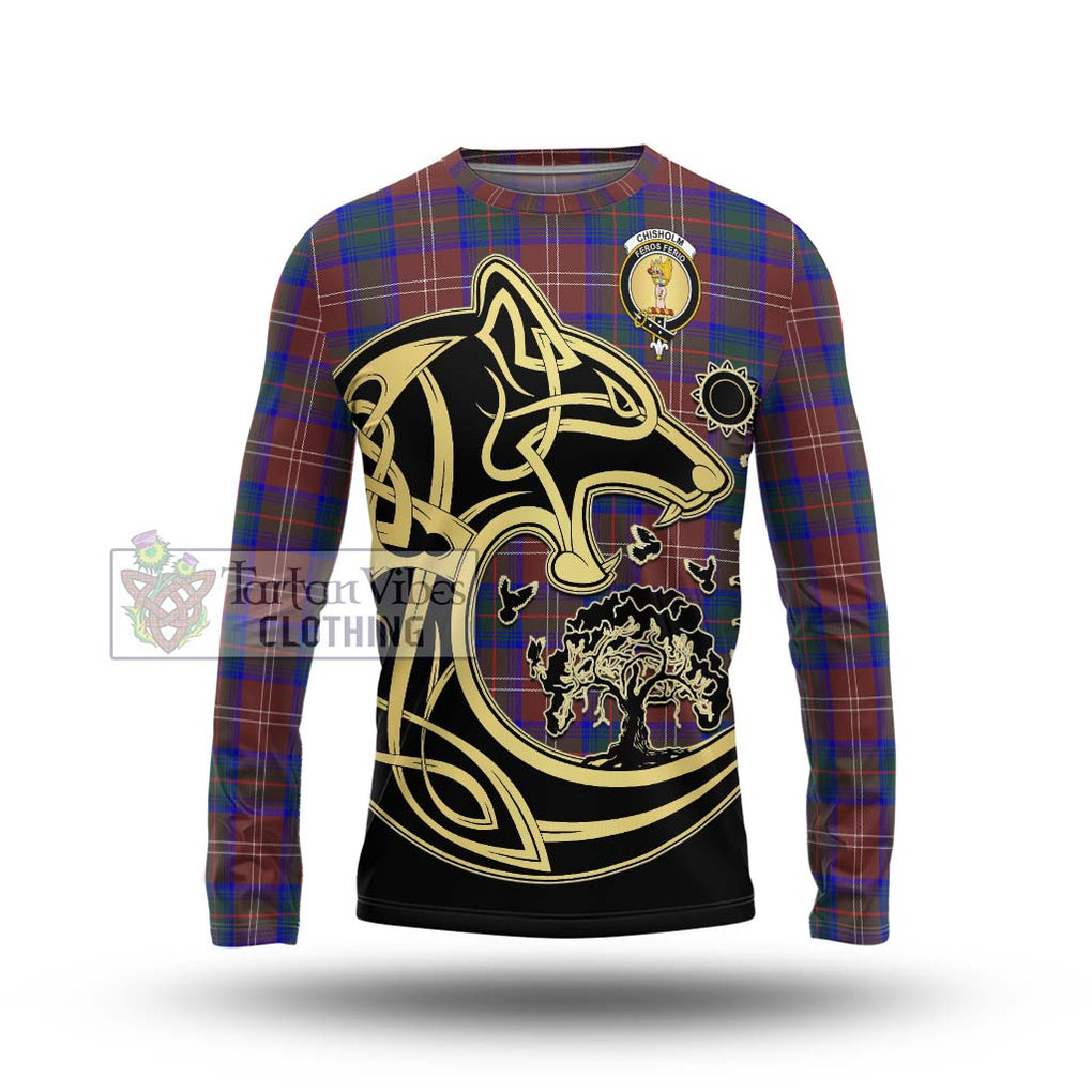 Chisholm Hunting Modern Tartan Long Sleeve T-Shirt with Family Crest Celtic Wolf Style Unisex - Tartan Vibes Clothing