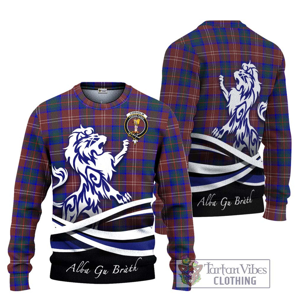 Chisholm Hunting Modern Tartan Knitted Sweater with Alba Gu Brath Regal Lion Emblem Unisex - Tartanvibesclothing Shop