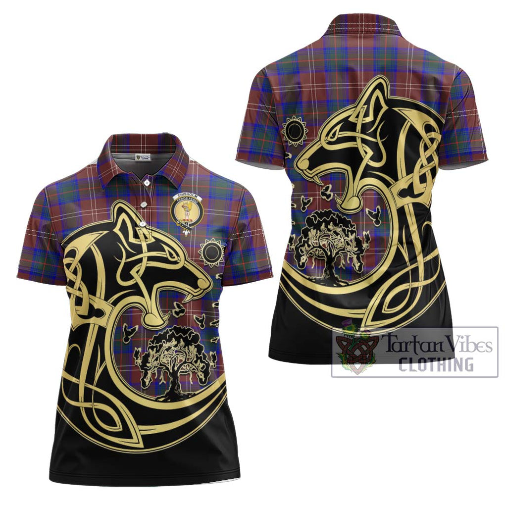 Chisholm Hunting Modern Tartan Women's Polo Shirt with Family Crest Celtic Wolf Style Women - Tartanvibesclothing Shop