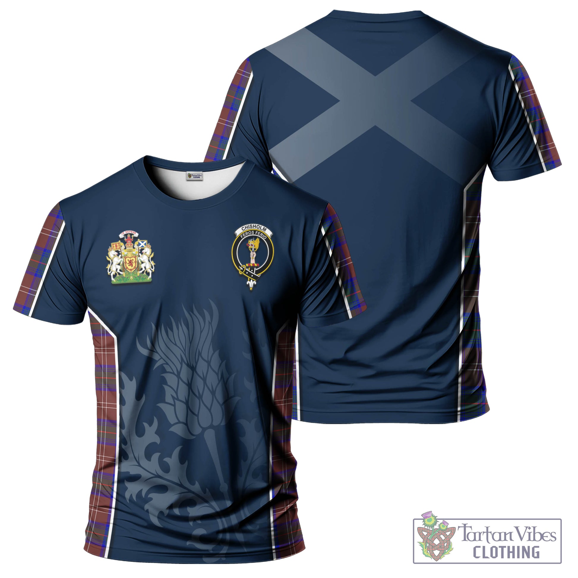 Tartan Vibes Clothing Chisholm Hunting Modern Tartan T-Shirt with Family Crest and Scottish Thistle Vibes Sport Style