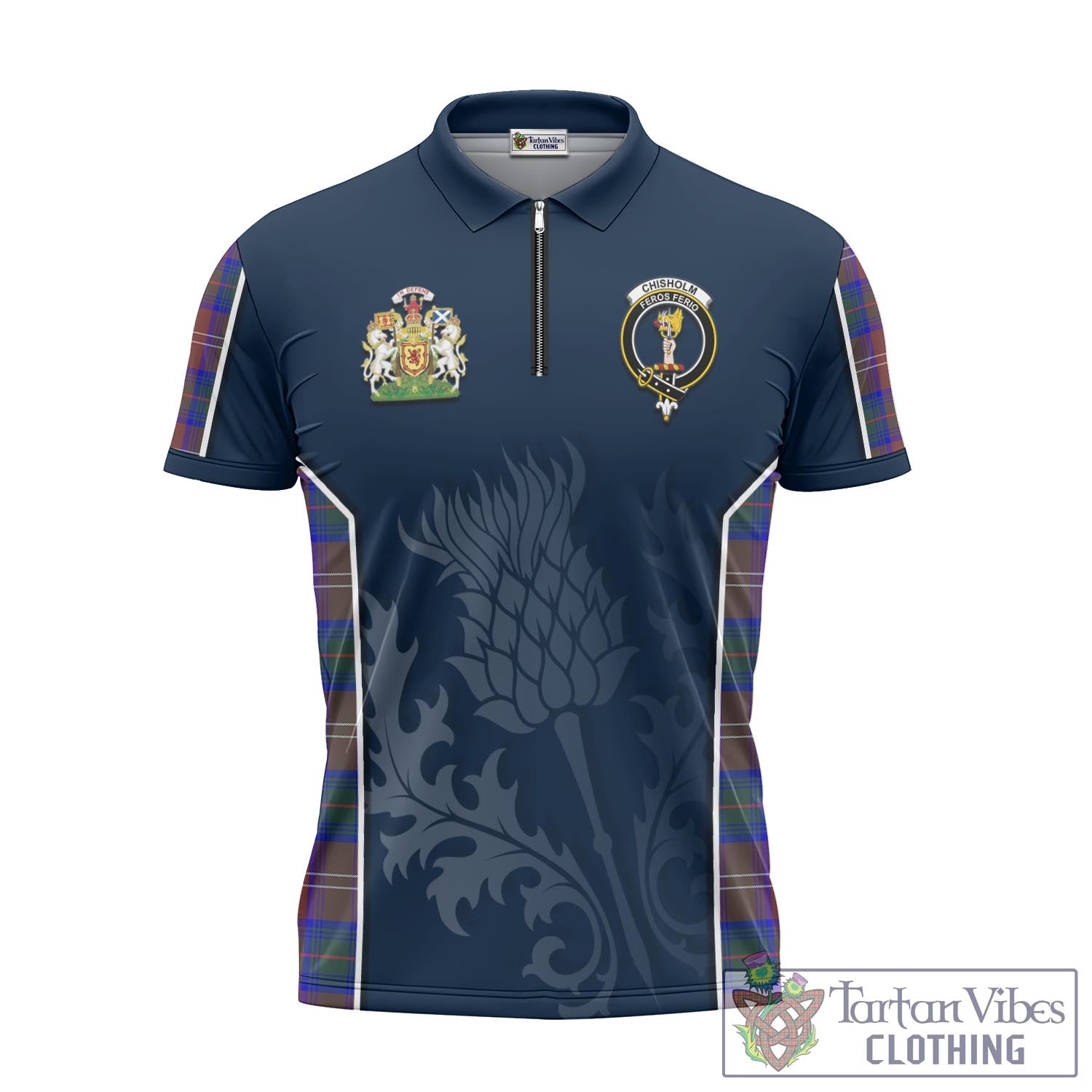 Tartan Vibes Clothing Chisholm Hunting Modern Tartan Zipper Polo Shirt with Family Crest and Scottish Thistle Vibes Sport Style