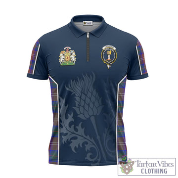 Chisholm Hunting Modern Tartan Zipper Polo Shirt with Family Crest and Scottish Thistle Vibes Sport Style