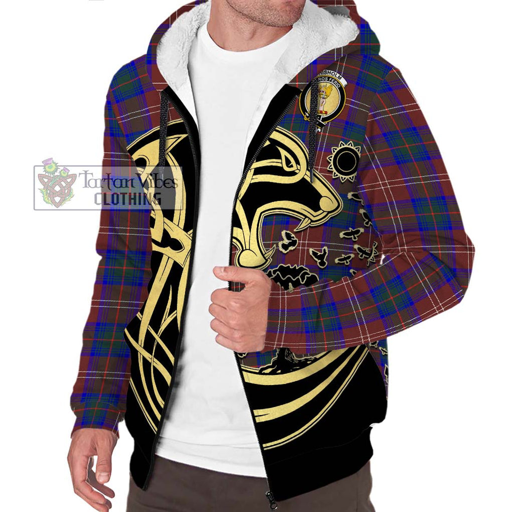 Chisholm Hunting Modern Tartan Sherpa Hoodie with Family Crest Celtic Wolf Style Unisex S - Tartan Vibes Clothing