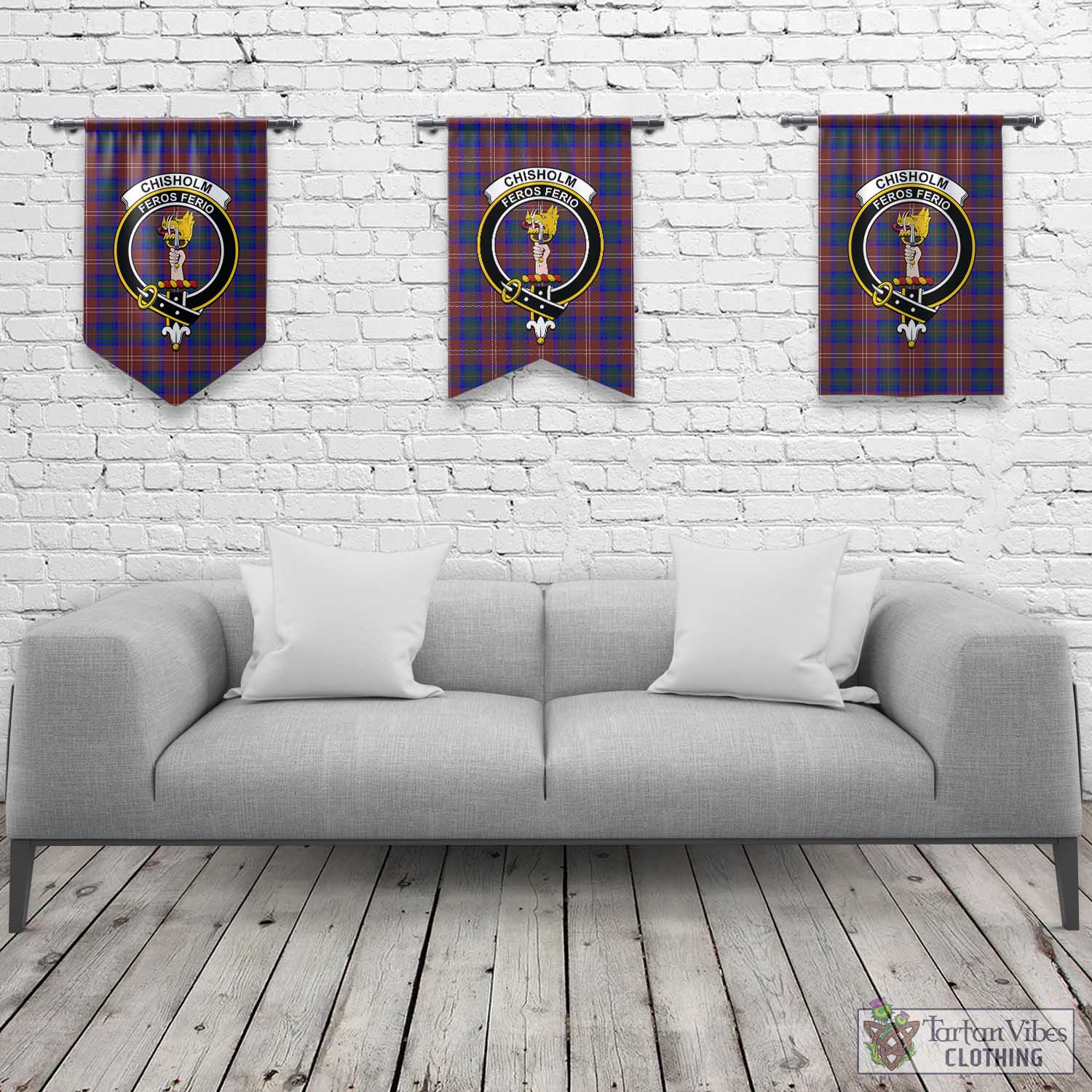 Tartan Vibes Clothing Chisholm Hunting Modern Tartan Gonfalon, Tartan Banner with Family Crest