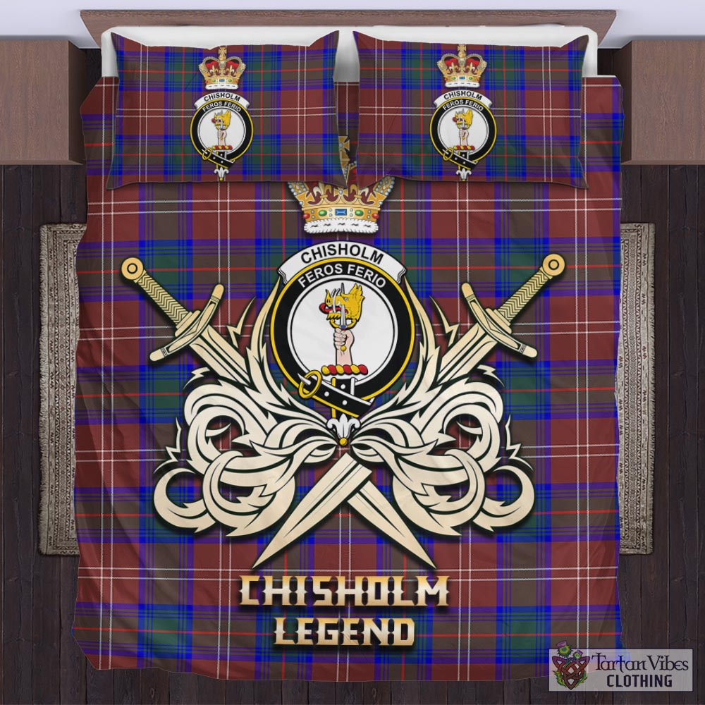 Tartan Vibes Clothing Chisholm Hunting Modern Tartan Bedding Set with Clan Crest and the Golden Sword of Courageous Legacy