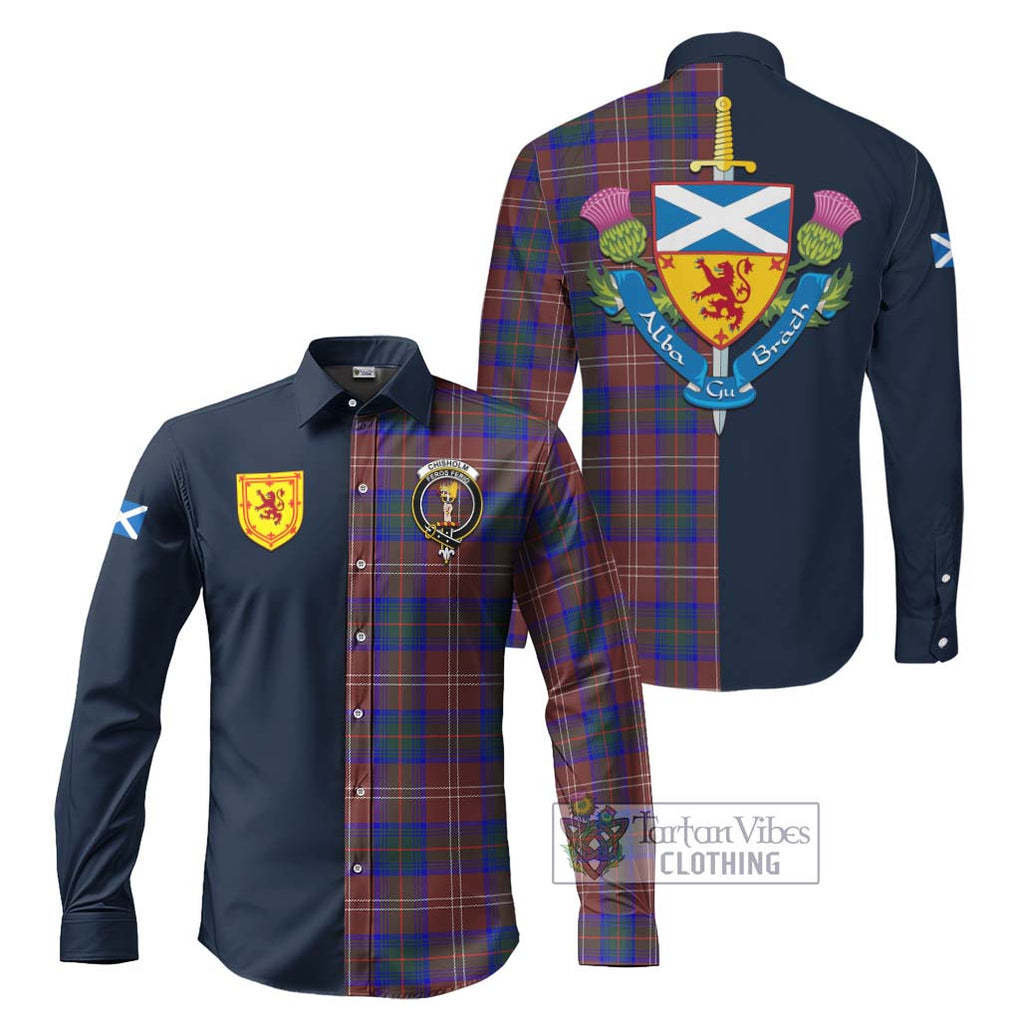 Tartan Vibes Clothing Chisholm Hunting Modern Tartan Long Sleeve Button Shirt with Scottish Lion Royal Arm Half Style