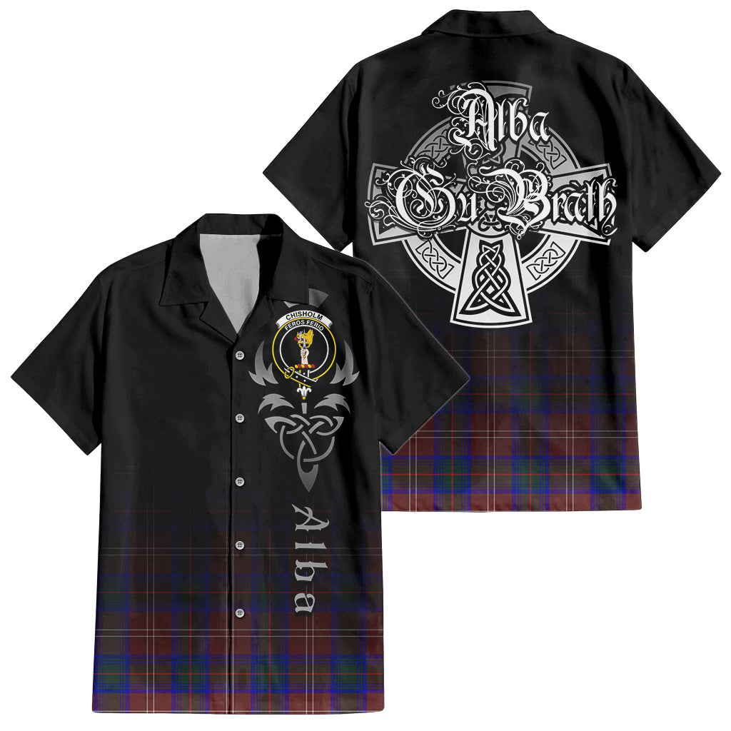 Tartan Vibes Clothing Chisholm Hunting Modern Tartan Short Sleeve Button Up Featuring Alba Gu Brath Family Crest Celtic Inspired